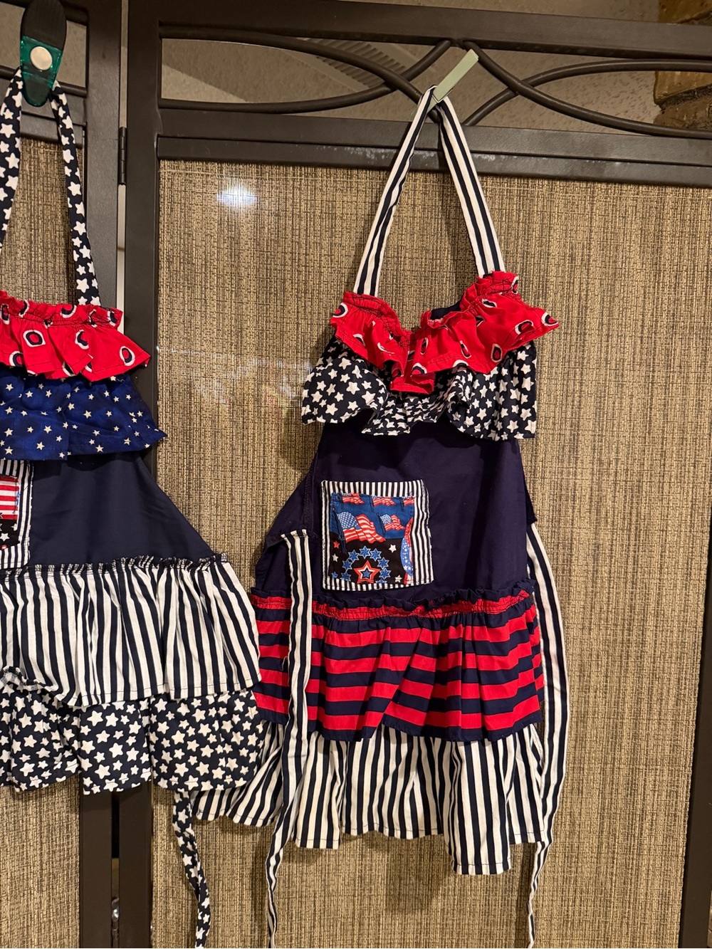 Kids Red, White & Navy Ruffle Apron with Stars and Stripes Patriotic Set of 2